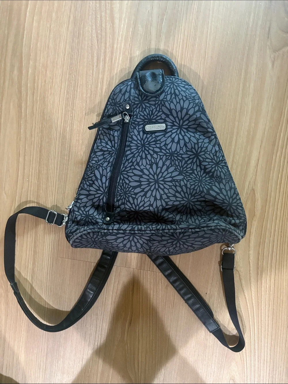 Baggallini Black and Gray Floral Sling Backpack